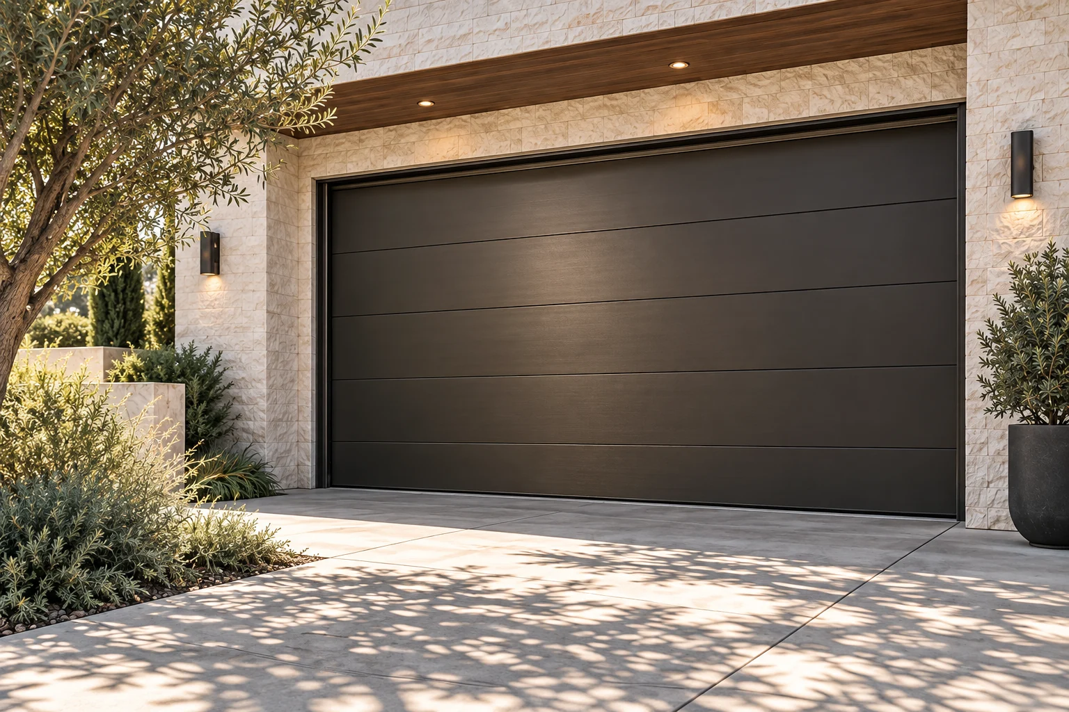 Illustration of a bronze garage door in a stone facade
