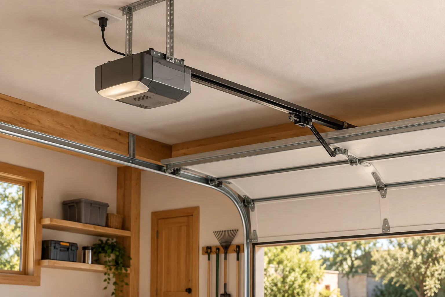 An unbranded garage door opener, drive rail and sectional door tracks