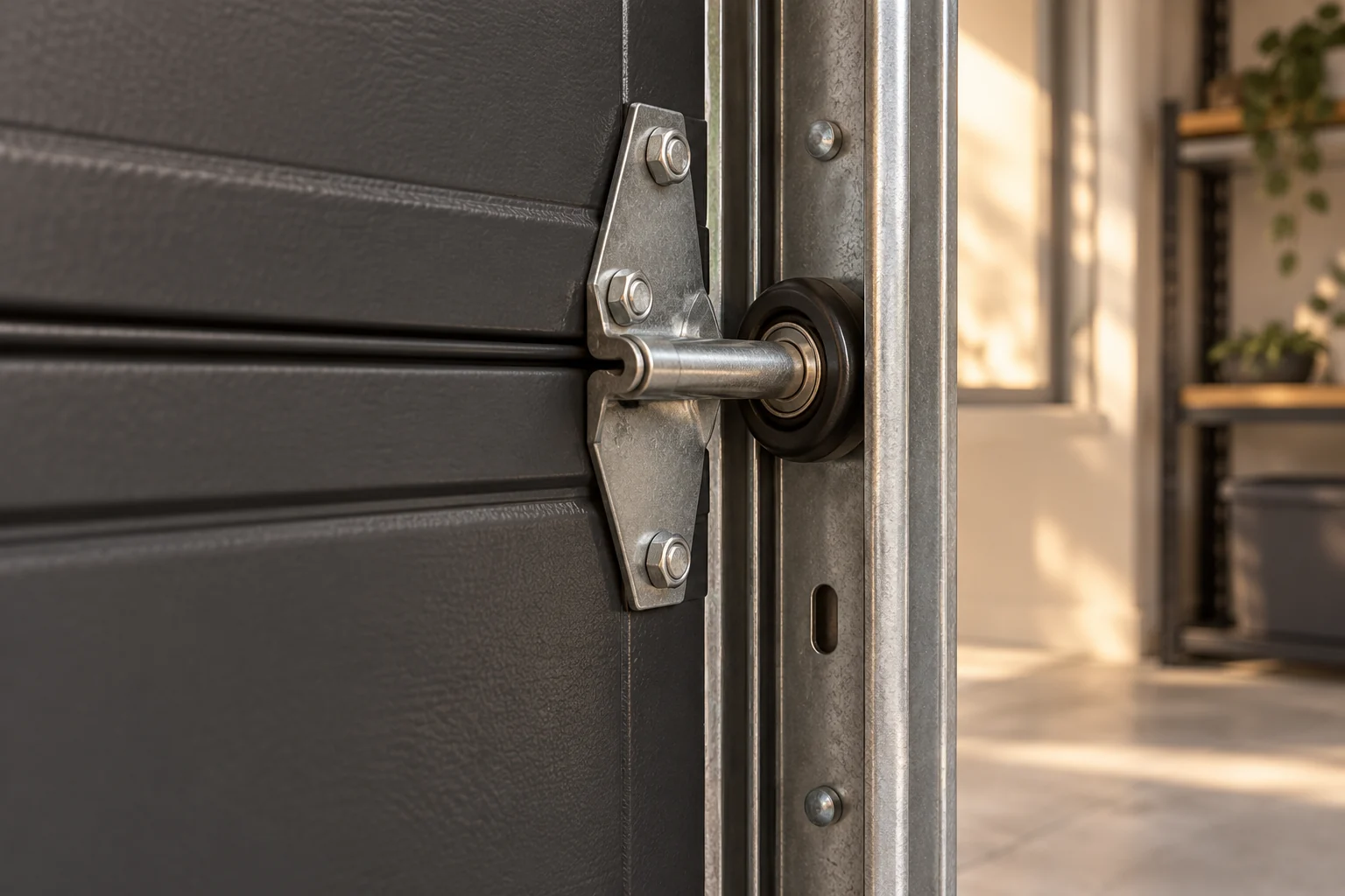A garage door hinge and track
