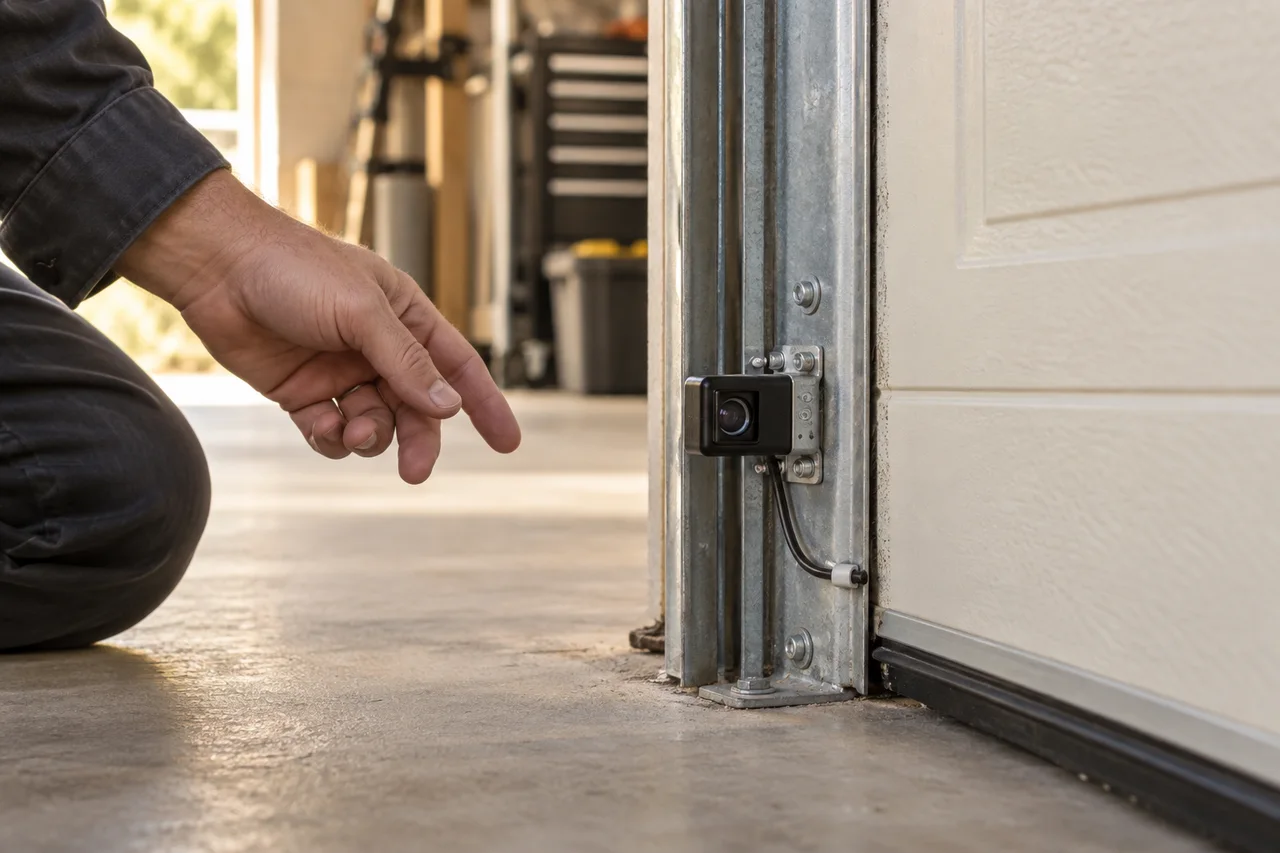 Illustrative close-up of a technician pointing to a safety sensor beside a closed garage door