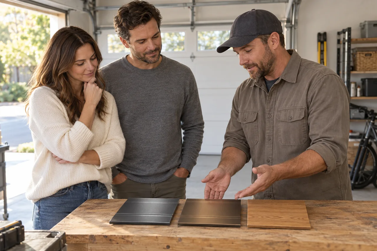 Illustrative scene of homeowners and an installer comparing graphite, bronze and wood-look samples at a workbench