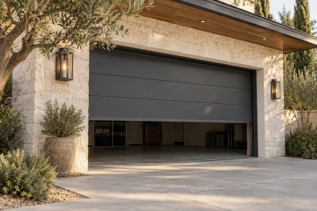 Illustrative scene of a charcoal garage door stopped partway open