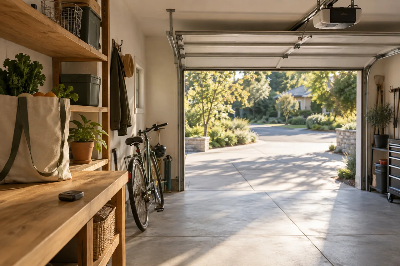 A lived-in garage with overhead tracks, a bicycle and storage shelves
