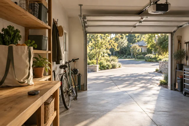 A lived-in garage with a bicycle, grocery bag and remote beside an open entrance