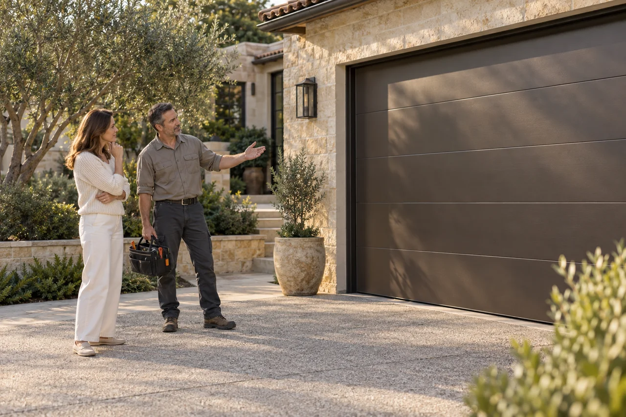 Illustrative scene of a homeowner discussing her garage door with a technician outside her home